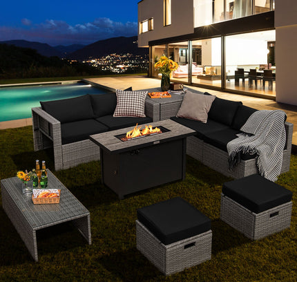9-Piece Patio Set with 42" Gas Fire Pit Table, Black