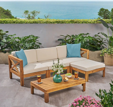 Alcove L-Shape Acacia Wood Outdoor Sofa Set with Ottoman & Coffee Table