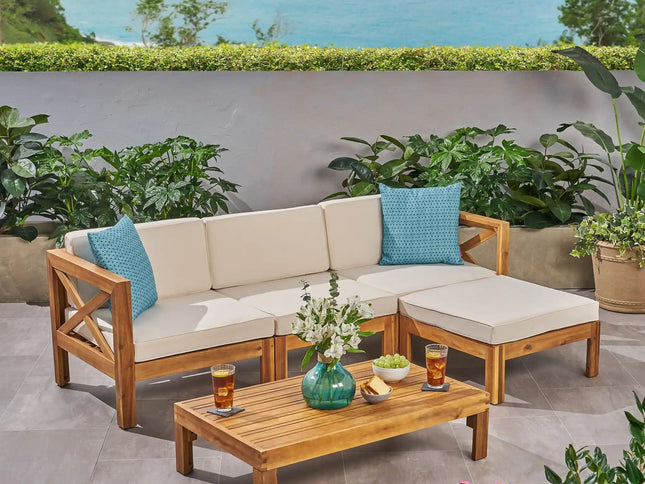 Alcove L-Shape Acacia Wood Outdoor Sofa Set with Ottoman & Coffee Table
