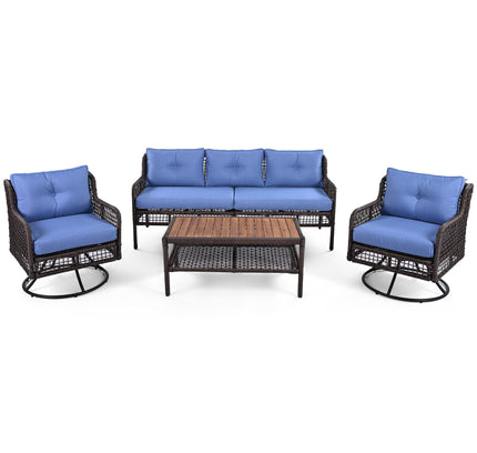 GO 4-Piece Outdoor PE Rattan Patio Set with 360° Swivel Chairs & Wood Coffee Table