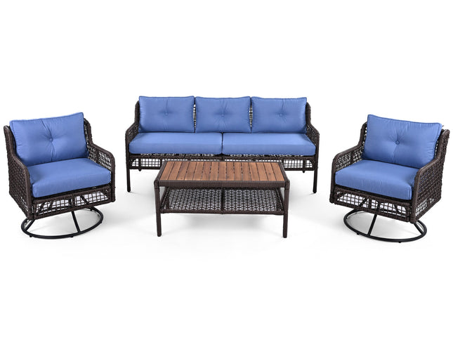 GO 4-Piece Outdoor PE Rattan Patio Set with 360° Swivel Chairs & Wood Coffee Table
