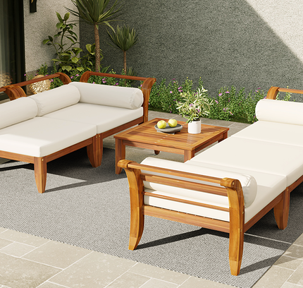 6-Piece Acacia Wood Outdoor Modular Sectional with Daybed Configuration & Tea Table
