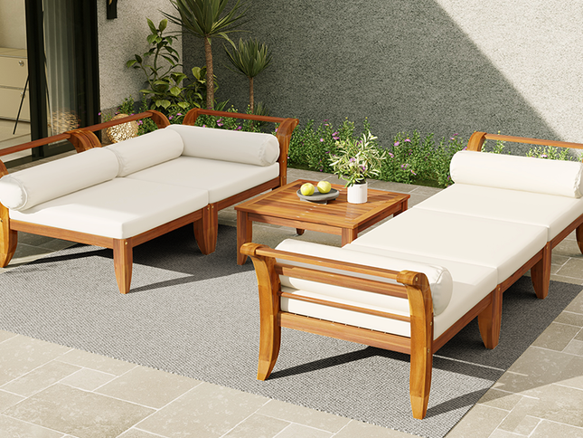 6-Piece Acacia Wood Outdoor Modular Sectional with Daybed Configuration & Tea Table