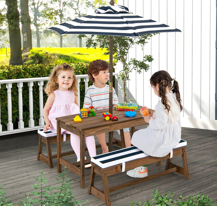 Kids Picnic Table and Bench Set with Cushions and Height Adjustable Umbrella