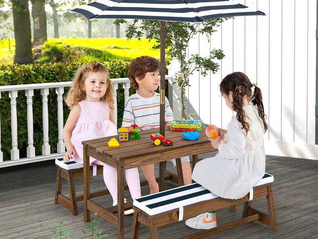 Kids Picnic Table and Bench Set with Cushions and Height Adjustable Umbrella