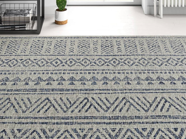 5 ft. x 7.5 ft. Blue Grey Chevron Coastal Boho Style Indoor Outdoor Area Rug