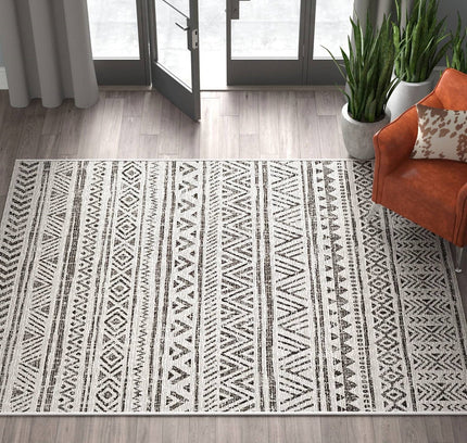 5 ft. x 8 ft. Black Off-White Chevron Coastal Boho Style Indoor Outdoor Area Rug