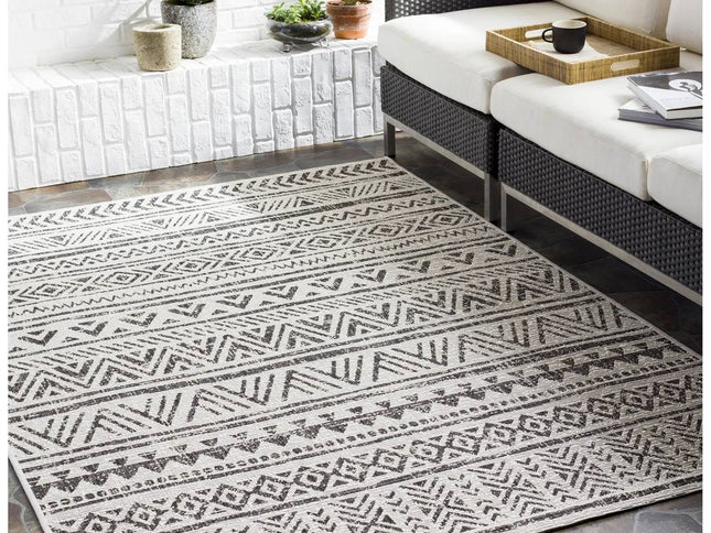5 ft. x 8 ft. Black Off-White Chevron Coastal Boho Style Indoor Outdoor Area Rug