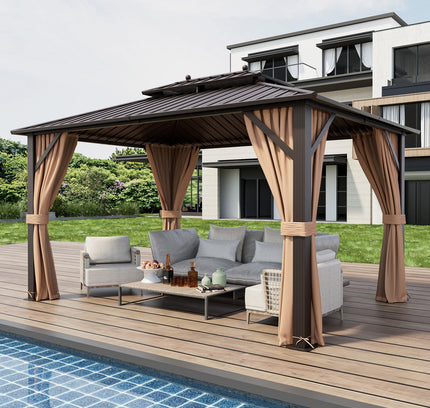 10x13 Ft Double-Roof Hardtop Patio Gazebo with Netting & Curtains-Coffee