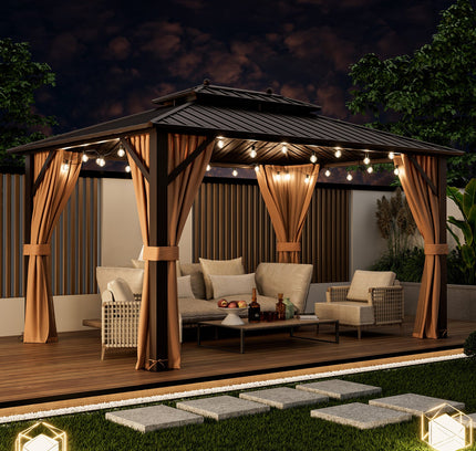 10x13ft Double-Roof Patio Hardtop Gazebo with Galvanized Steel Roof Netting and Curtains-Coffee