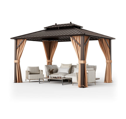 10x13ft Double-Roof Patio Hardtop Gazebo with Galvanized Steel Roof Netting and Curtains-Coffee