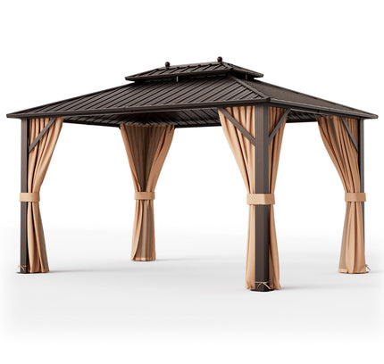 10x13ft Double-Roof Patio Hardtop Gazebo with Galvanized Steel Roof Netting and Curtains-Coffee