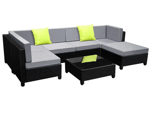 Gardeon 7-Piece Outdoor Wicker Lounge Set, 10cm Foam Cushions & Bonus Cover Set