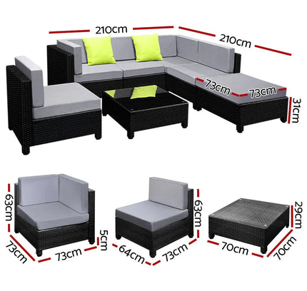 Gardeon 7-Piece Outdoor Wicker Lounge Set, 10cm Foam Cushions & Bonus Cover Set