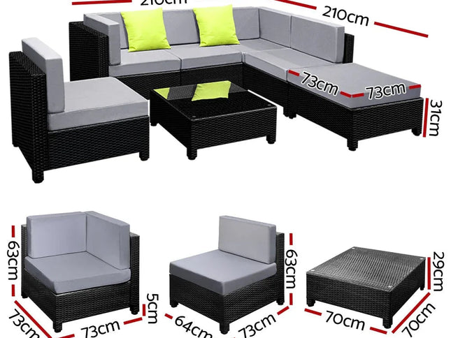 Gardeon 7-Piece Outdoor Wicker Lounge Set, 10cm Foam Cushions & Bonus Cover Set