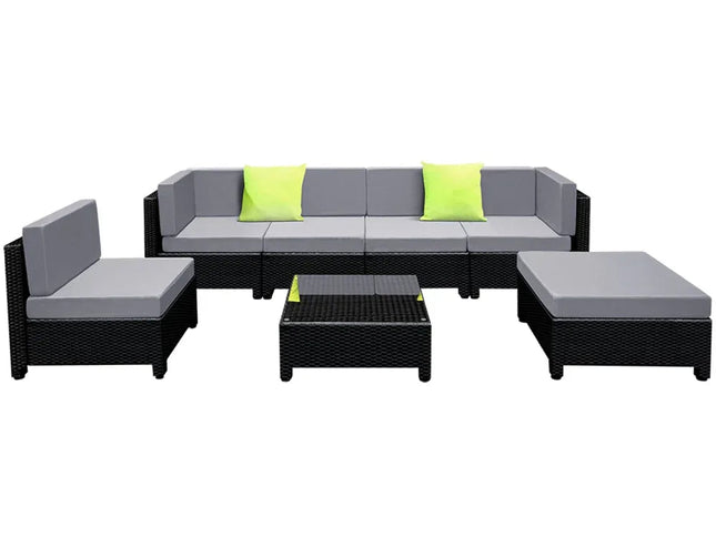 Gardeon 7-Piece Outdoor Wicker Lounge Set, 10cm Foam Cushions & Bonus Cover Set