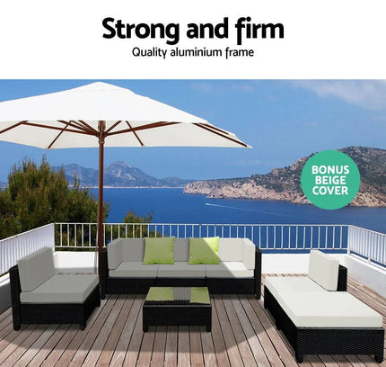 Gardeon 7-Piece Outdoor Wicker Lounge Set, 10cm Foam Cushions & Bonus Cover Set