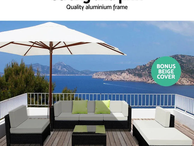 Gardeon 7-Piece Outdoor Wicker Lounge Set, 10cm Foam Cushions & Bonus Cover Set