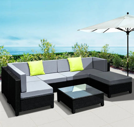 Gardeon 7-Piece Outdoor Wicker Lounge Set, 10cm Foam Cushions & Bonus Cover Set