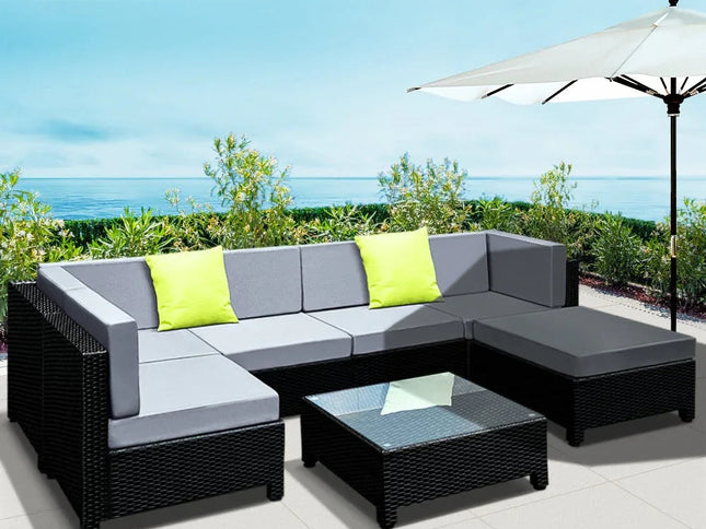 Gardeon 7-Piece Outdoor Wicker Lounge Set, 10cm Foam Cushions & Bonus Cover Set