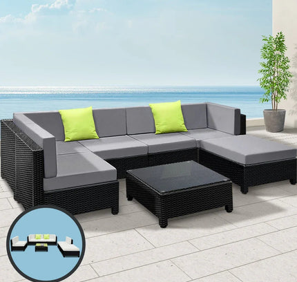 Gardeon 7-Piece Outdoor Wicker Lounge Set, 10cm Foam Cushions & Bonus Cover Set