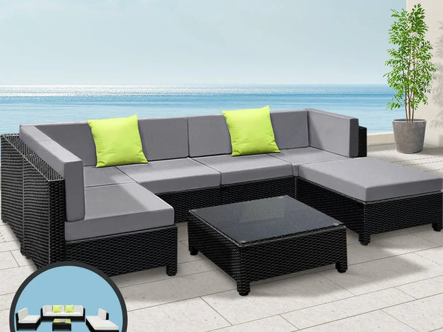Gardeon 7-Piece Outdoor Wicker Lounge Set, 10cm Foam Cushions & Bonus Cover Set
