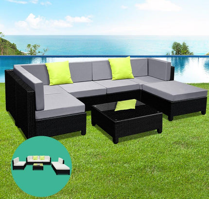 Gardeon 7-Piece Outdoor Wicker Lounge Set, 10cm Foam Cushions & Bonus Cover Set