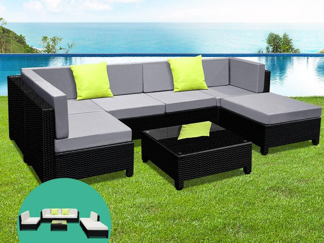 Gardeon 7-Piece Outdoor Wicker Lounge Set, 10cm Foam Cushions & Bonus Cover Set