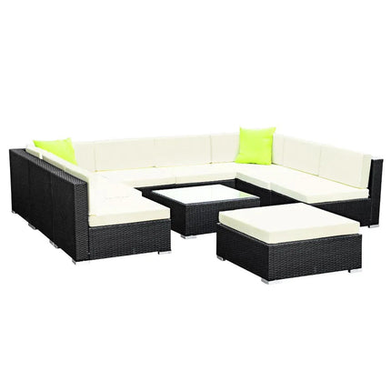 Gardeon 10-Piece Outdoor Wicker Sofa Set with Tempered Glass Table