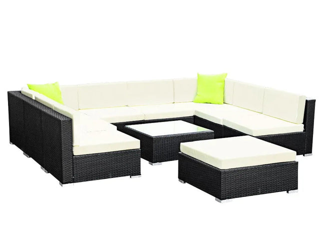 Gardeon 10-Piece Outdoor Wicker Sofa Set with Tempered Glass Table