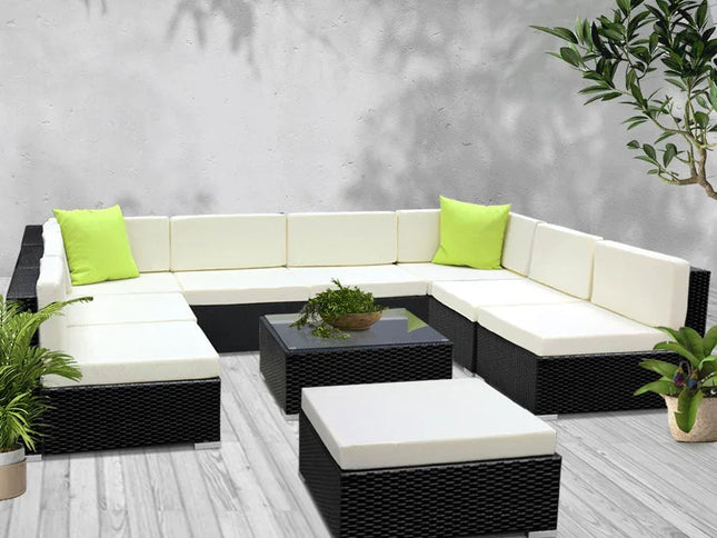 Gardeon 10-Piece Outdoor Wicker Sofa Set with Tempered Glass Table