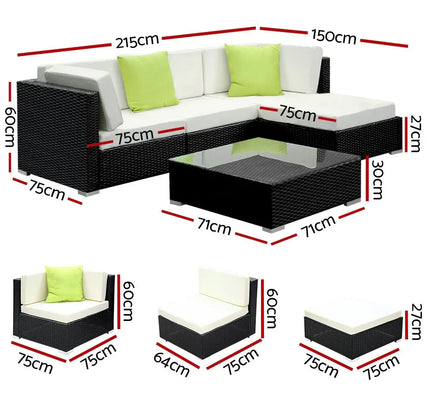 Gardeon 5-Piece Outdoor Wicker Sofa Set with Tempered Glass Table