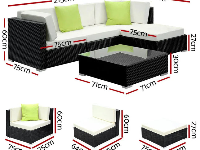 Gardeon 5-Piece Outdoor Wicker Sofa Set with Tempered Glass Table