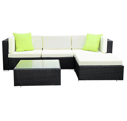 Gardeon 5-Piece Outdoor Wicker Sofa Set with Tempered Glass Table