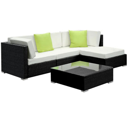 Gardeon 5-Piece Outdoor Wicker Sofa Set with Tempered Glass Table