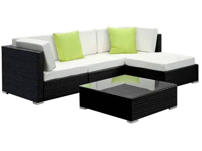 Gardeon 5-Piece Outdoor Wicker Sofa Set with Tempered Glass Table