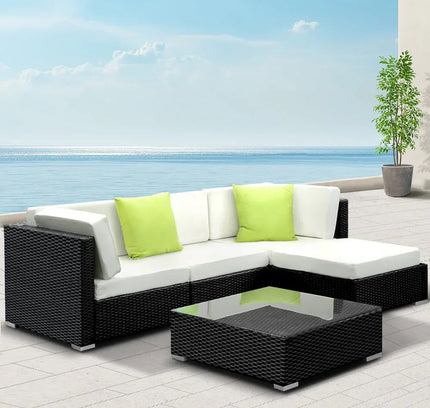 Gardeon 5-Piece Outdoor Wicker Sofa Set with Tempered Glass Table