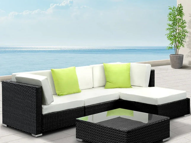 Gardeon 5-Piece Outdoor Wicker Sofa Set with Tempered Glass Table