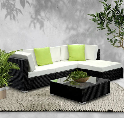 Gardeon 5-Piece Outdoor Wicker Sofa Set with Tempered Glass Table