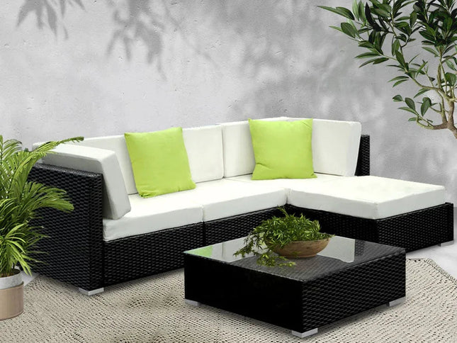 Gardeon 5-Piece Outdoor Wicker Sofa Set with Tempered Glass Table