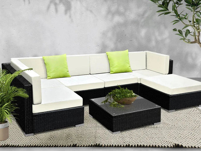Gardeon 7-Piece Outdoor Wicker Sofa Set with Tempered Glass Table