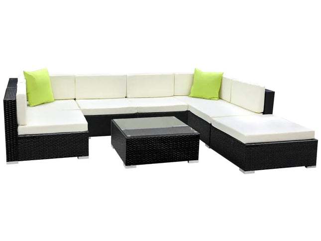 Gardeon 8-Piece Outdoor Wicker Sofa Set with Storage Cover & Tempered Glass Table