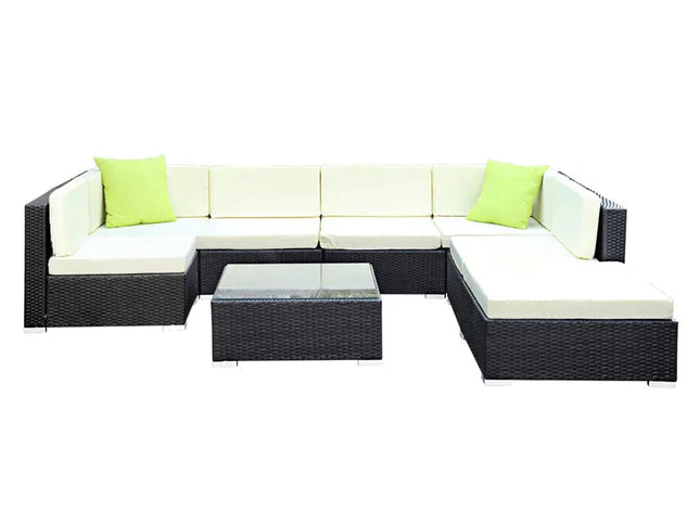 Gardeon 8-Piece Outdoor Wicker Sofa Set with Storage Cover & Tempered Glass Table