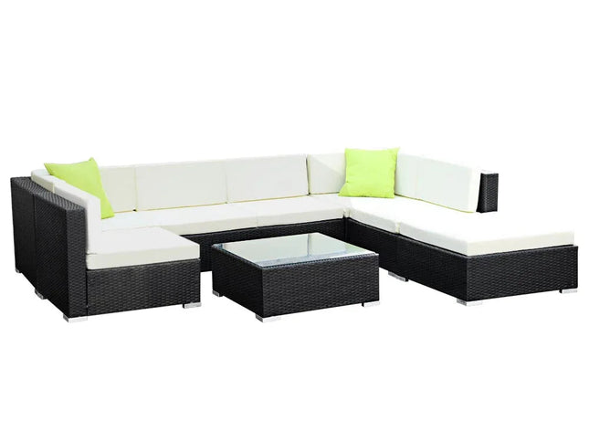 Gardeon 8-Piece Outdoor Wicker Sofa Set with Storage Cover & Tempered Glass Table