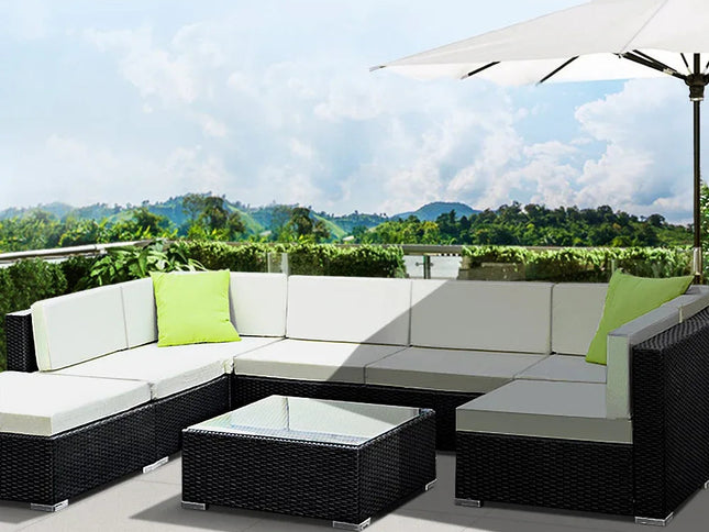 Gardeon 8-Piece Outdoor Wicker Sofa Set with Storage Cover & Tempered Glass Table