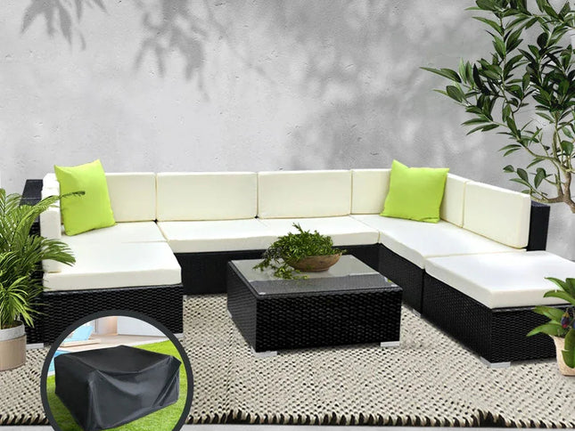 Gardeon 8-Piece Outdoor Wicker Sofa Set with Storage Cover & Tempered Glass Table