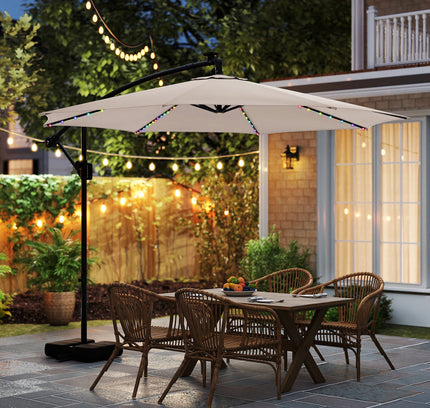 10 Ft Solar Offset Hanging Umbrella with Base and LED Lights