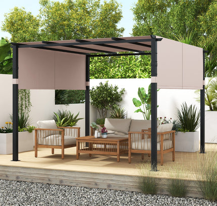 10x10 ft Flat Top Pergola w/ Retractable Canopy for Garden Pool Porch & Backyard