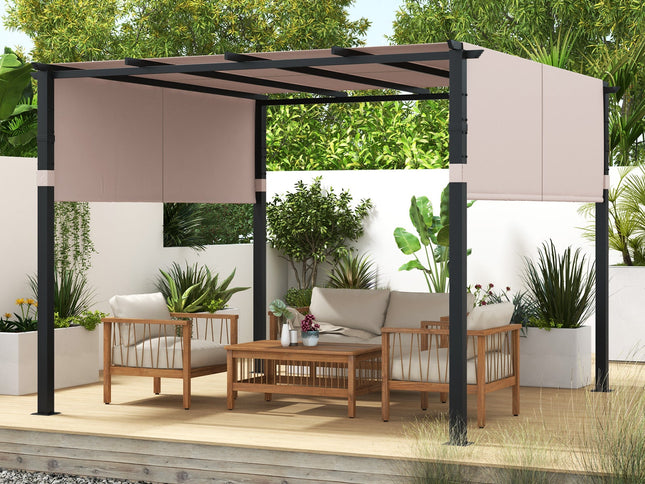 10x10 ft Flat Top Pergola w/ Retractable Canopy for Garden Pool Porch & Backyard