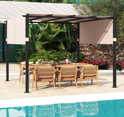 10 x 10 ft Flat Top Pergola with Retractable Canopy for Garden Pool Porch and Backyard